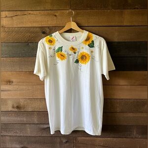 Vintage 90s Jerzees Sunflower Tee Hand Painted Graphic Size L Made in USA AS IS